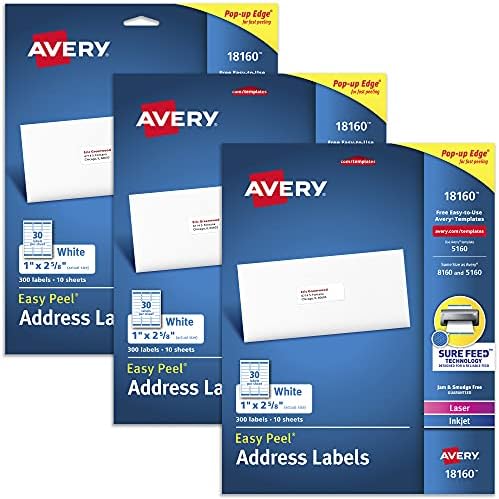 Avery® Address Labels for Laser & Inkjet Printers, 300 Labels Per Pack, 3 Packs, 900 Total (18160)