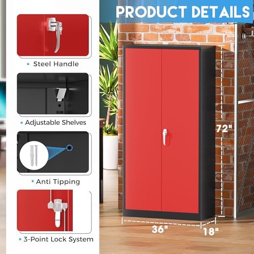 Greenvelly Metal Garage Storage Cabinet with 2 Doors and 4 Adjustable Shelves, 72”H Steel Lockable Storage Cabinet,Tall Metal Cabinet Locking File Cabinet for Office,Home, Garage, Gym, School