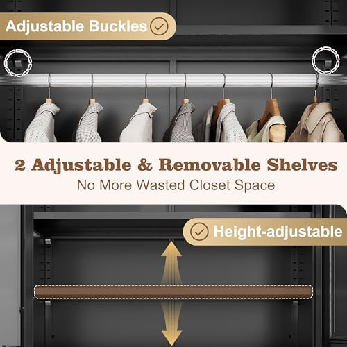 71" Arched Black Metal Wardrobe Closet with Full-Length Mirror, French Elegance Steel Armoire Clothes Storage Cabinet with Hanging Rod & Adjustable Shelves for Bedroom Home Office, 18" Deep