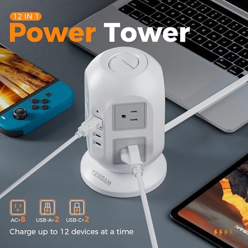 TESSAN Tower Surge Protector Power Strip, 10 ft Long Flat Extension Cord