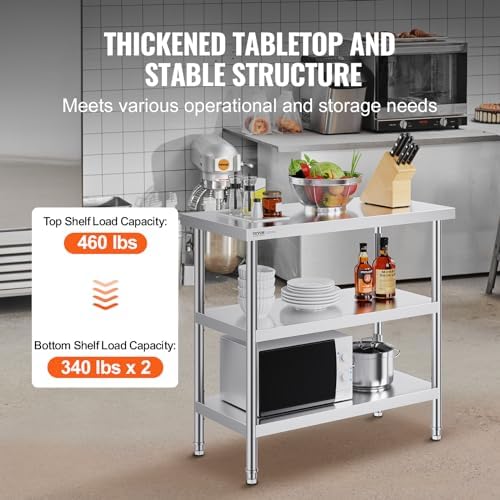 VEVOR Stainless Steel Food Prep Table, 18 x 36 x 34 Inch Commercial Kitchen Worktable, with 2 Adjustable Undershelf, Heavy Duty Prep Metal Work Table for BBQ, Kitchen, Home, and Garage