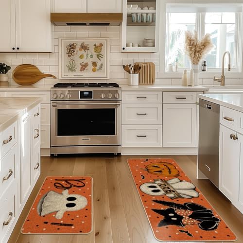 Artoid Mode Ghost Boo Orange Halloween Kitchen Mats Set of 2-17x29+17x47