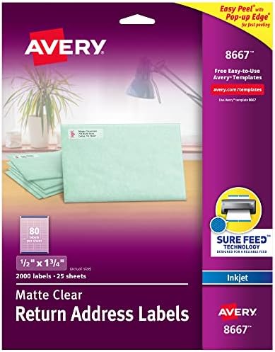 Avery® Printable Return Address Labels, 0.5" x 1.75", Matte Clear, 2,000 Blank Mailing Labels (08667)