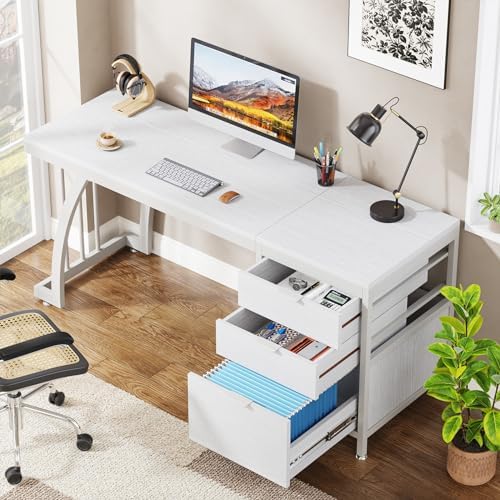 Tribesigns Computer Desk with 3 Drawers, 59-Inch PC Desk with Reversible Drawers, Industrial Study Writing Table Workstation with File Storage for Home Office, White