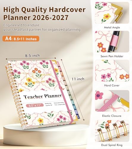 Teacher Planner 2026-2027, July 2026 - June 2027, Academic Weekly & Monthly Calendar Planner with Tabs, 8.5" x 11" A4 Teacher Lesson Plan Book with 7 Periods, Daily Agenda School Organizer for Teacher Student Homeschool, Bowknot Flowers