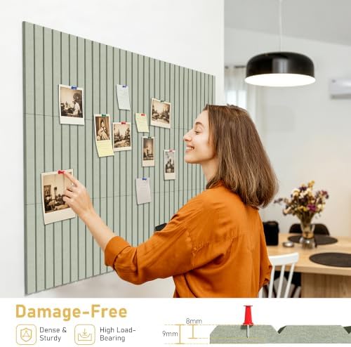 Felt Bulletin Board Tiles, 12 Pack Combination 90×120cm Large Felt Pin Board with 35 Colored Pushpins & 70 Traceless Adhesive Tabs for Office Home Classroom, Sage