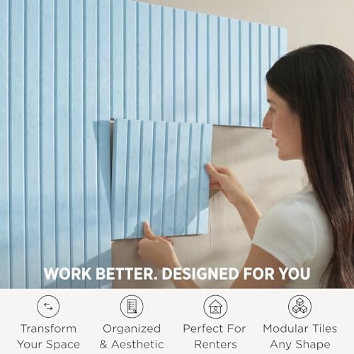VIVELDA Felt Bulletin Board Tiles 48"x36" - 12-Pack Cork Board Alternative, OEKO-TEX Certified, NRC 0.95 Acoustic Wall Panels, Damage-Free Adhesive, Slatted Design, Home Office & Classroom (Baby Blue)