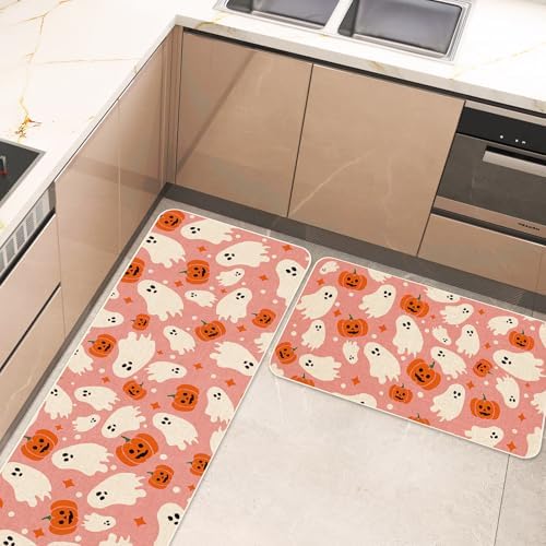 JarThenaAMCS Halloween Kitchen Mats Set of 2 Pink Ghost Pumpkin Kitchen Floor Mat Non-Slip Decorative Bathroom Rugs for Party Home Entrance, 17 x 29 Inch & 17 x 47 Inch