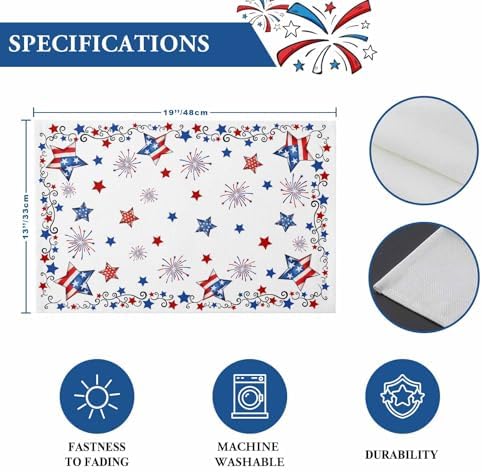 4th of July Placemats Set of 6, Patriotic Stars Fireworks Heat Resistant Washable Dining Table Mats Summer Farmhouse Decor for Kitchen&Table Linens Outdoor Indoor, Red White and Blue American Flag