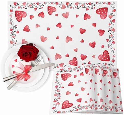 Valentine's Day Placemats Set of 4, Red Love Heart Place Mats Washable Dining Table Mats Wedding Anniversary Party Valentines Decor for Kitchen&Linens Outdoor Indoor, Romantic Pink White