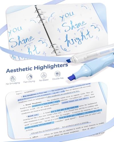 Four Candies Aesthetic School Supplies Kit with Cute Blue Pencil Case | Back to School Stationery Set with Pens, Highlighters, Mechanical Pencils, Sticky Notes for Students, College, Journaling
