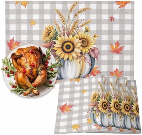 Fall Pumpkins Leaves Placemats Set of 4, Thanksgiving Heat Resistant Washable Table Place Mats Rustic Farmhouse Gray Buffalo Plaid Table Linens Party Decor for Home Kitchen Dining Outdoor Indoor