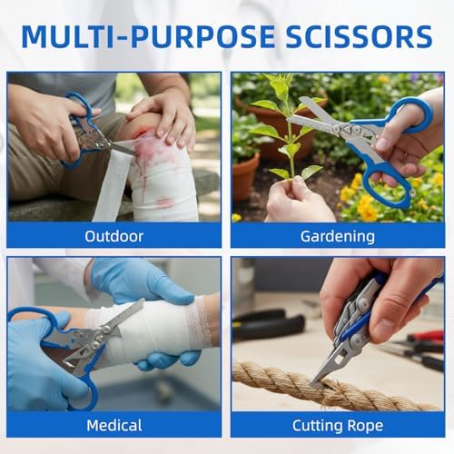 Heavy Duty 6 in 1 Multifunctional Trauma Shears Foldable | Stainless Steel emergency response scissors | Survival Shears with Holster | Medical Trauma shears Tactical With Strap Cutter | Blue