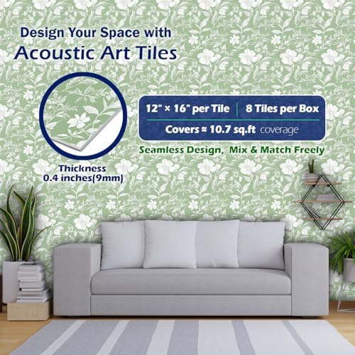 PINWELIFE® Acoustic Art Tiles – 8-Pack 12"x16" Sound Absorbing Panels, Seamless Wallpaper-Style Decorative Acoustic Wall Art, Echo Reduction for Home Studio/Office, Nano Tape Included