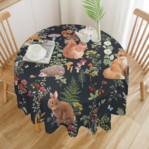 Watercolor Forest Tablecloth, Rustic Woodland Animals Squirrel Rabbit Fox Wild Flower Mushroom Leaves Print Table Cloth Cover for Kitchen Dining Indoor Outdoor Decor, 70x70in