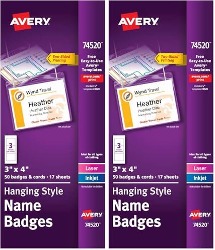 Avery Name Badges with Lanyards, Print or Write, 3" x 4", Badge Holders & Lanyards, 50 Inserts (74520) (Pack of 2)