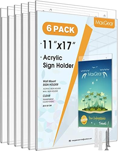 MaxGear Acrylic Wall Mount Sign Holder, 11 x 17 Vertical, 6 Pack