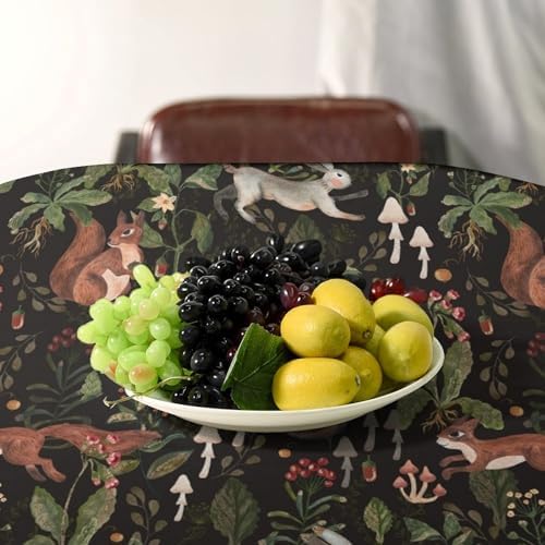 Cartoon Woodland Tablecloth, Watercolor Rustic Forest Wild Animals Bunny Rabbit Squirrel Mushroom Plants Print Table Cloth for Indoor Outdoor Dining Table Party Picnic Decor 55x55in
