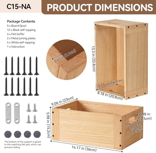 KIRIGEN Stackable Wood Storage Cube with Handles, Open Cubby Bin, Natural