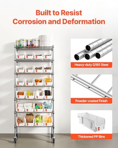 VEVOR 7-Tier Rolling Bin Storage Rack, 24 Small Bins, Bin Rack Storage Steel Wire Shelving System with Wheels, Mobile Tool Organizer for Garage, Warehouse, Office, Restaurant, Classroom, Kitchen