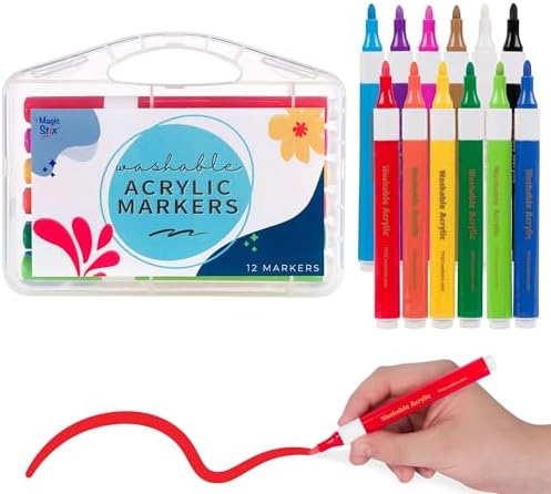 The Pencil Grip Magic Stix Washable Acrylic Markers for Kids and Teens, 12 Non-Toxic Colors, Allergen-Free, Vibrant Paint Pens for Crafting and DIY