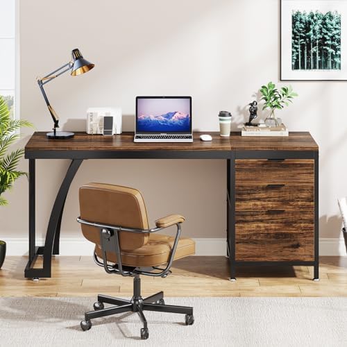 Tribesigns Computer Desk with 3 Drawers, 59-Inch PC Desk with Reversible Drawers, Industrial Study Writing Table Workstation with File Storage for Home Office, Rustic Brown
