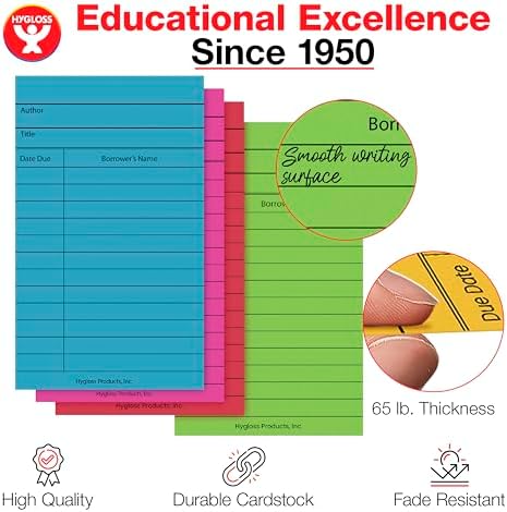 Hygloss Library Checkout Cards for Traditional Book Pockets and Classroom Organization - Vintage Style Bright Colors Due Date Tracking, 3x5 Inch, 50 Pack