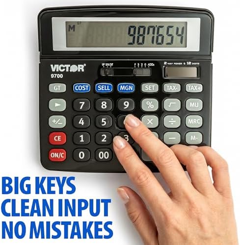 Victor 12-Digit Standard Function Business Calculator, Extra Large Tilt LCD Display, Dual Power Desktop Calculator, 12 x 0.5-Inches, Black (9700)