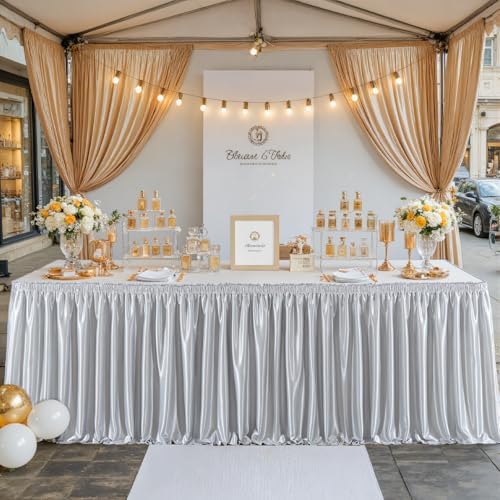 Wish Care 14ft Silver Satin Table Skirt for Rectangle Tables Wrinkle Free Teacher Desk Skirt Glitter Ruffle Table Skirting Cloth for Back to School Classroom Office Dorm Birthday Party Table Decor