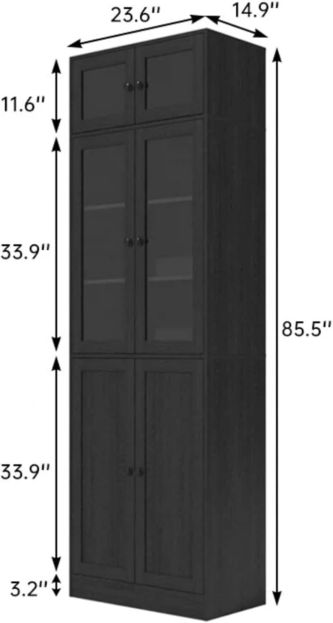 TUSY 85.5" Modern Tall Bookcase with Glass Doors, 7-Tier Wood Bookshelf with Storage for Home Office, Large Curio Cabinet for Living Room, Office, Bedroom, Family Room (Black, B)