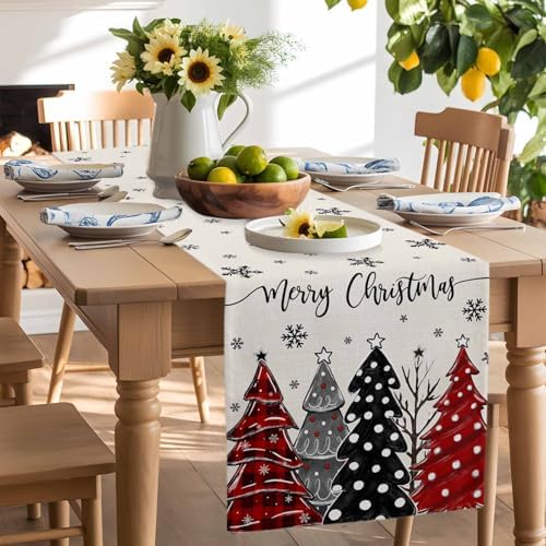 Red Black Christmas Tree Table Runner Dresser Scarf 13 x 72 Inch Polka Dots Xmas Tree Snowflake Linen Table Runners Non-Slip Heat Resistant Kitchen Dining Table Decor for Home Holidays Indoor Outdoor