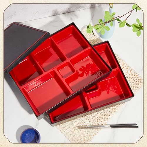 Teenyyou 4 Pcs 12 x 9.5 x 2.2 inches Japanese Bento Box Adult 6 Compartments Divided Japanese Food Presentation with Greaseproof Restaurant Bento Tray Sushi Tray Gift for Sushi Home Restaurant
