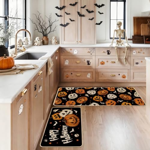 Baccessor Happy Halloween Ghost Kitchen Rugs Set of 2,Spooky Pumpkin Fall Black Mat Rug Indoor Outdoor Low-Profile Non Slip Absorbent Floor Mats for Home Party Holiday Decor 17x29 and 17x47 Inch