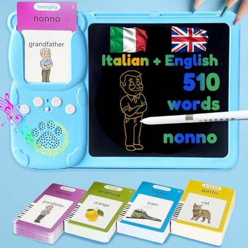 Writing Tablet with Bilingual Flash Cards for Kids, Italian Blue