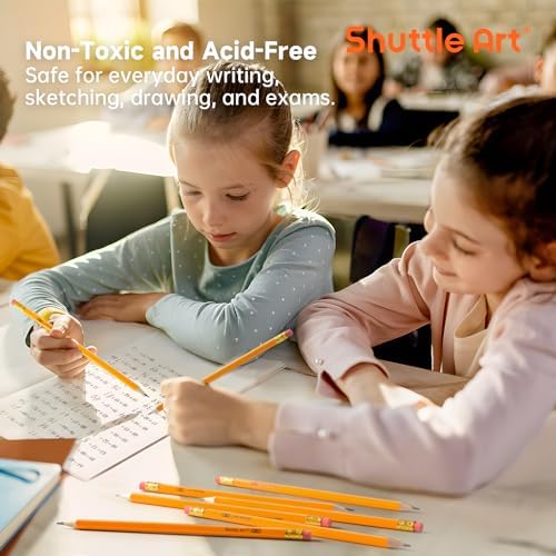 Shuttle Art 60 Pack Pencils, #2 HB, Pre-sharpened Pencils with Top Erasers, Premium Woodcased Yellow Pencil Bulk for Classroom & School Supplies, Writing and Drawing