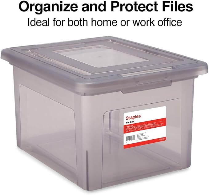 Staples Plastic File Box with Snap Lid, Letter/Legal, Frost Gray, 4-Pk | Stackable storage boxes keep hanging files organized and protected.