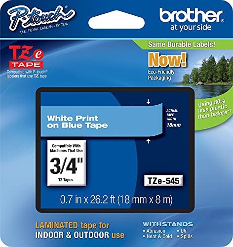 Brother Genuine P-Touch TZE-545 Tape, 3/4" (0.7") Standard Laminated P-Touch Tape, White on Blue, for Indoor or Outdoor Use, Water-Resistant, 26.2 ft (8 m), Single-Pack