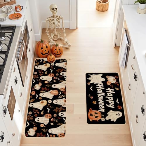 Baccessor Halloween Kitchen Rug Cute Ghost Set of 2,17x29 and 17x47 Inch