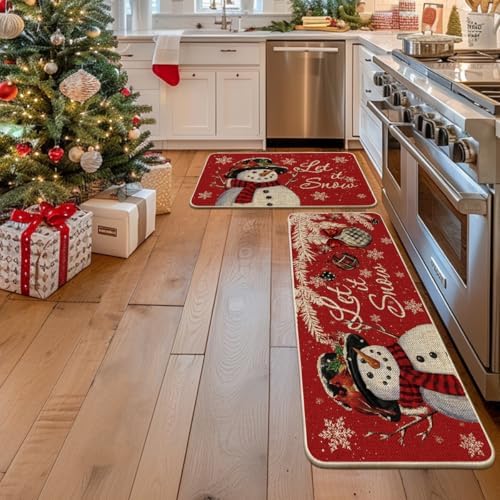 Artoid Mode Snowman Let It Snow Snowflake Christmas Kitchen Mats Set of 2, Winter Home Decor Low-Profile Kitchen Rugs for Floor - 24x35 and 24x59 Inch