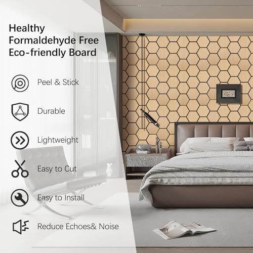 Hexagon Acoustic Wall Panels, Self-Adhesive Sound Absorbing Wall Panel by ARMURO, 4 Pack Covers 19.27 Sq Ft, Peel and Stick Noise Reducing for Home Office Studio Bedroom Wall Decor