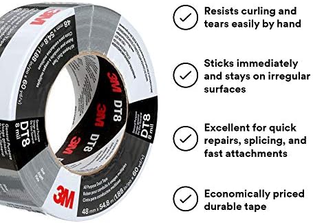 3M All Purpose Duct Tape DT8, Silver, 1.88 in x 60 yd, 8 mil, 3 Roll/Pack