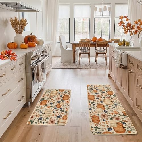 Baccessor Pumpkin Fall Kitchen Mats Set of 2, Vintage Kitchen Rugs for Floor Low-Profile Fall Thanksgiving Home Decor 17x29 and 17x47 Inch
