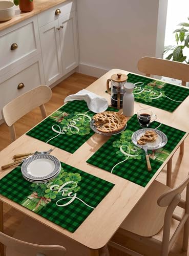 Shamrock Clover Green Buffalo Plaid Placemats Set of 4, Irish Spring Cotton Linen Table Mats Non-Slip Washable Dark Green Check Shamrock St. Patrick's Day Leaf Placemat for Dining Kitchen Table Decor
