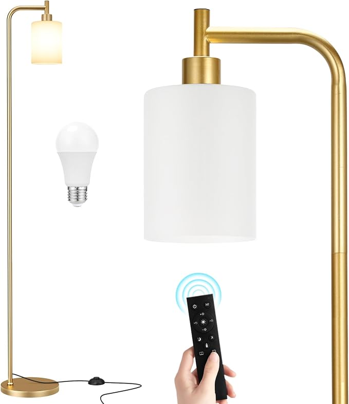 Ziisee Floor Lamps for Living Room - Industrial Standing Lamp with Remote Control Glass Shade, Modern Gold Floor Lamp with LED Bulbs, Tall Lamp for Bedroom Office - Gold