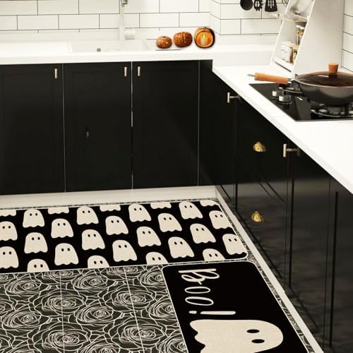 FYSUIMU Halloween Ghost Kitchen Rugs Set of 2 Black Ghost Boo Kitchen Floor Mat Non-Slip Spooky Bathroom Rugs Cute Halloween Kitchen Decor for Party Home, 17 x 29 Inch & 17 x 47 Inch