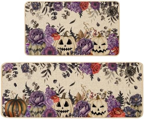 Baccessor Halloween Kitchen Rugs Set of 2, Purple Flowers Spooky Pumpkin Kitchen Mats Low-Profile Non Slip Washable Rugs for Floor Home Decor 17x29 and 17x47 Inch