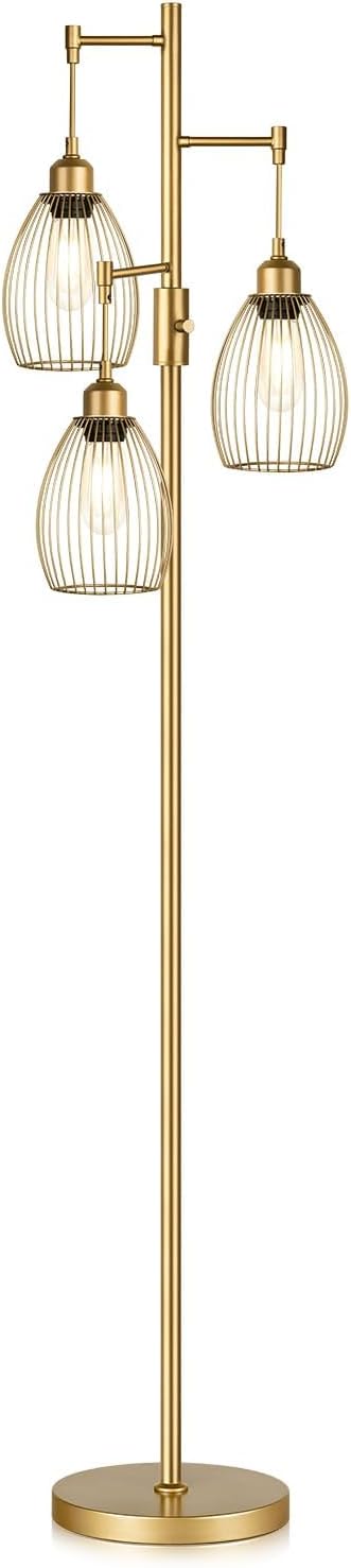 Dimmable Floor Lamp, Industrial Floor Lamps for Living Room, Gold Tree Lamp Standing Lamp Tall Lamps with 3 Elegant Teardrop Cage Head & 800 Lumens LED Bulbs for Living room Bedroom Office Dining Room