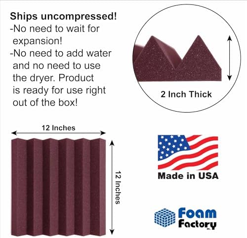 Foam Factory Inc 24 Pack Color Acoustic Foam Panel Studio Soundproofing Wedge Wall Tiles 12” X 12” X 2” (Plum)