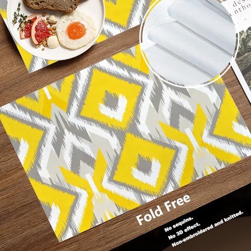 Batmerry Yellow and Gray Retro Ikat Pattern Linen Placemats Set of 8, Geometric Washable Table Mats for Kitchen Table Thickened Heat Insulation Dining Set Indoor Outdoor 12X18 in