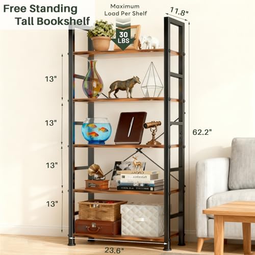 5 Tier Bookshelf, Free Standing Bookcase with Open Storage Shelves